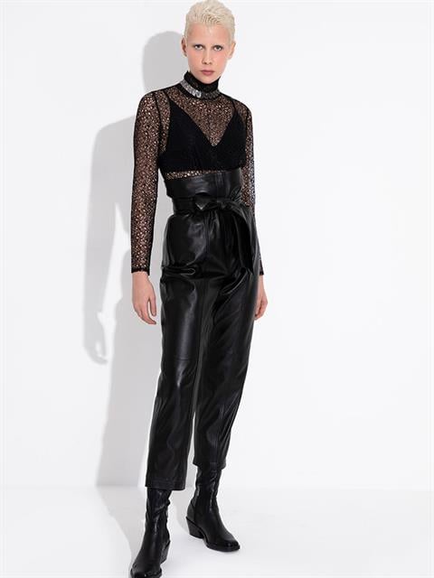 Beli Kuşaklı Yüksek Bel Deri Pantolon - Siyah