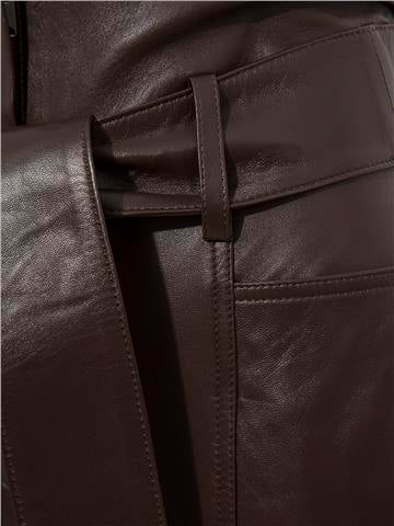 Beli Kuşaklı Yüksek Bel Deri Pantolon - Kahve