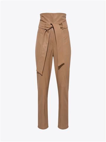 Beli Kuşaklı Yüksek Bel Deri Pantolon - Bal Köpüğü