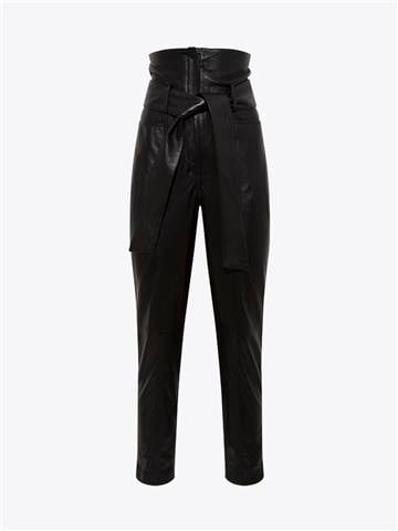 Beli Kuşaklı Yüksek Bel Deri Pantolon - Siyah
