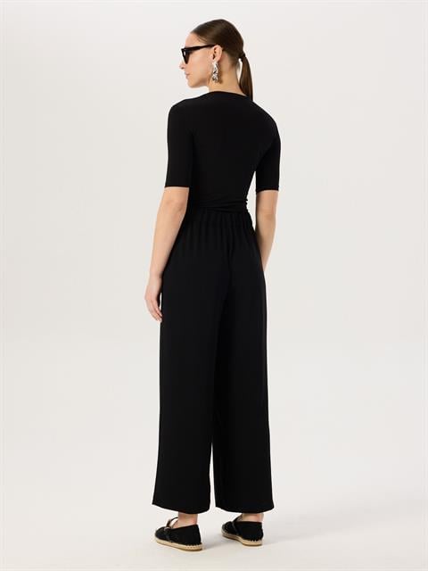 Beli Lastikli Dökümlü Bol Paça Pantolon - Siyah