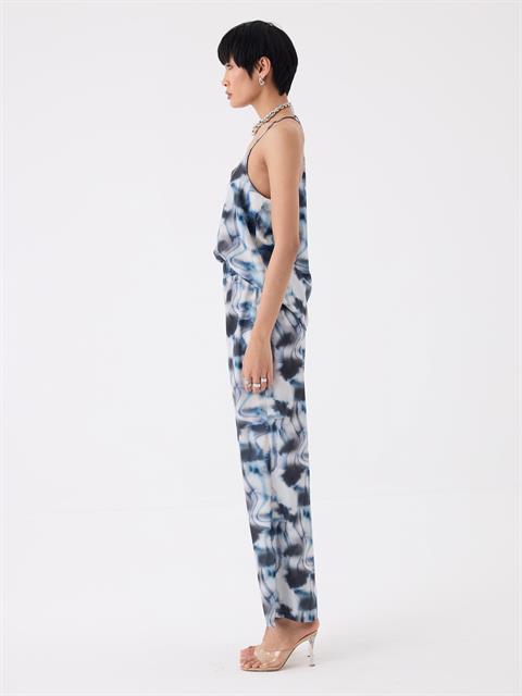 Çiçek Desenli Beli Lastikli Geniş Paça Pantolon - Mavi Desenli