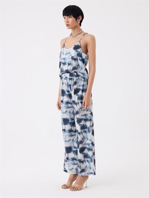 Çiçek Desenli Beli Lastikli Geniş Paça Pantolon - Mavi Desenli