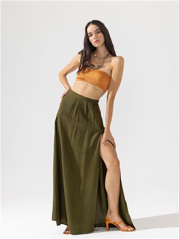 Beli Lastikli Kuşaklı Önden Çift Yırtmaçlı Etek - Haki