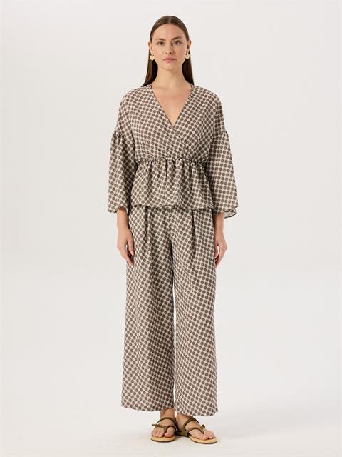 Elastic Waist Front Pleated Draped Pants - Patterned