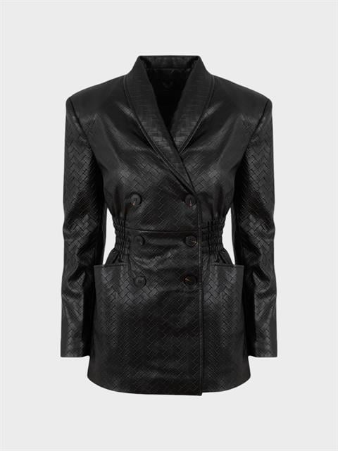 Beli Oturtmalı ve Düğmeli Vegan Örgü Deri Ceket - Siyah