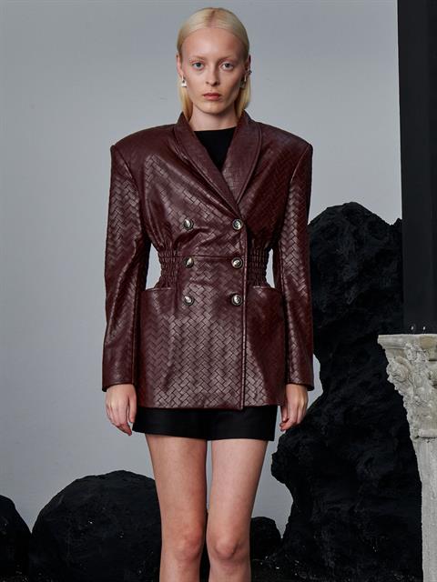 Beli Oturtmalı ve Düğmeli Vegan Örgü Deri Ceket - Bordo