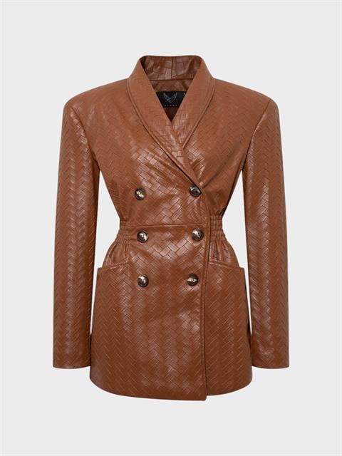 Beli Oturtmalı ve Düğmeli Vegan Örgü Deri Ceket - Taba