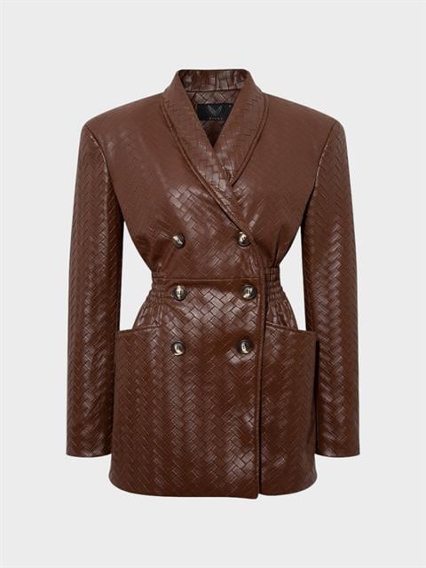 Beli Oturtmalı ve Düğmeli Vegan Örgü Deri Ceket - Kahve