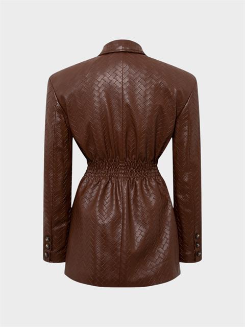 Beli Oturtmalı ve Düğmeli Vegan Örgü Deri Ceket - Kahve