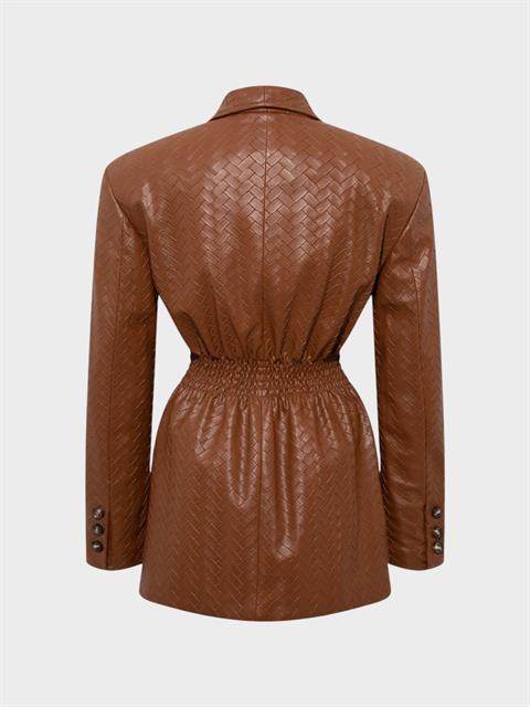 Beli Oturtmalı ve Düğmeli Vegan Örgü Deri Ceket - Taba