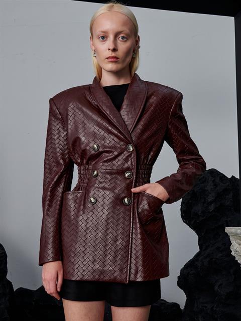 Beli Oturtmalı ve Düğmeli Vegan Örgü Deri Ceket - Bordo