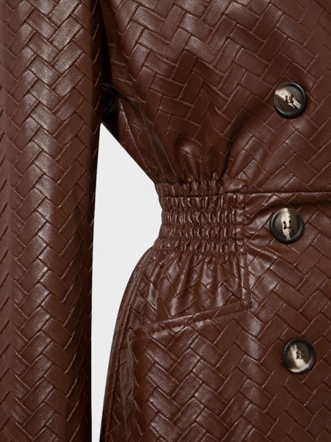 Beli Oturtmalı ve Düğmeli Vegan Örgü Deri Ceket - Kahve