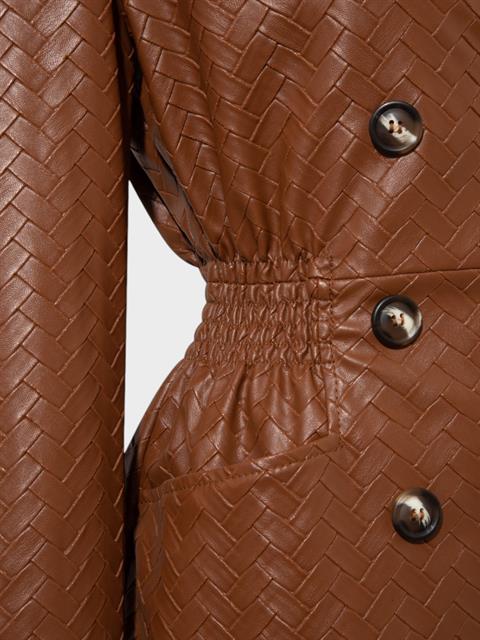 Beli Oturtmalı ve Düğmeli Vegan Örgü Deri Ceket - Taba