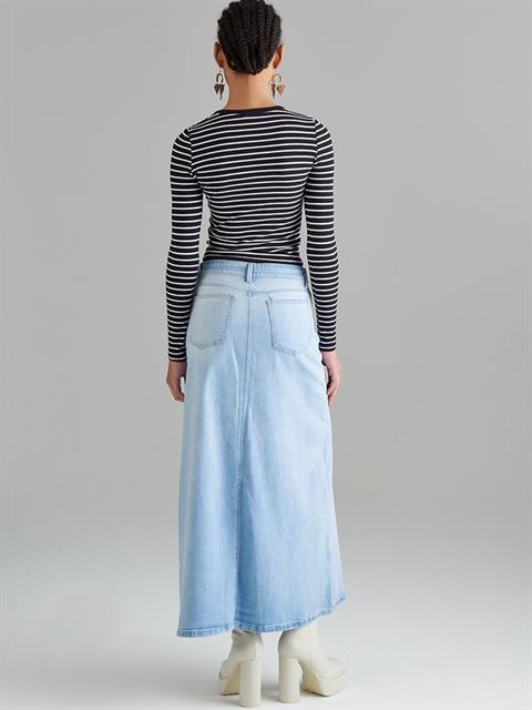 Bisiklet Yaka Uzun Kol Çizgili Basic T-Shirt - Çizgili