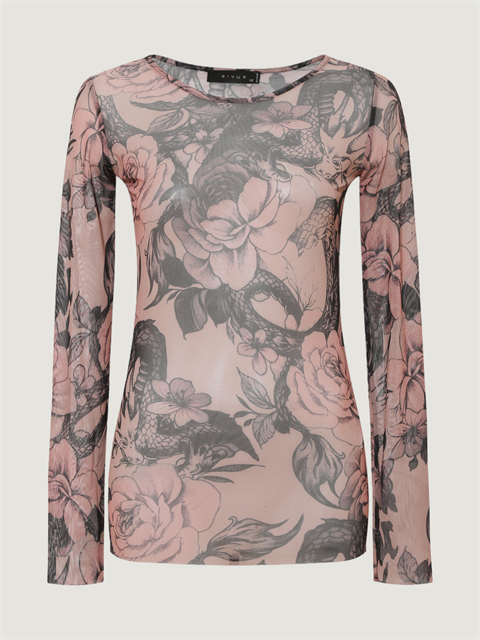 Bisiklet Yaka Uzun Kol Tül Bluz - Dövme Desenli