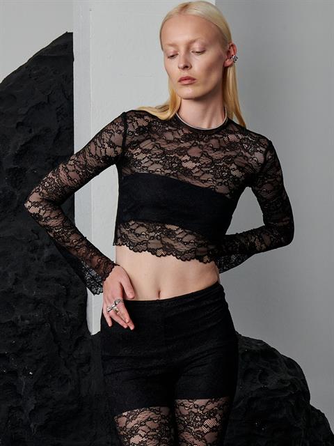 Bisiklet Yakalı Uzun Kollu Dantel Crop Bluz - Siyah