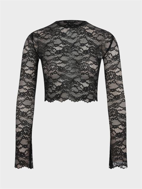 Bisiklet Yakalı Uzun Kollu Dantel Crop Bluz - Siyah