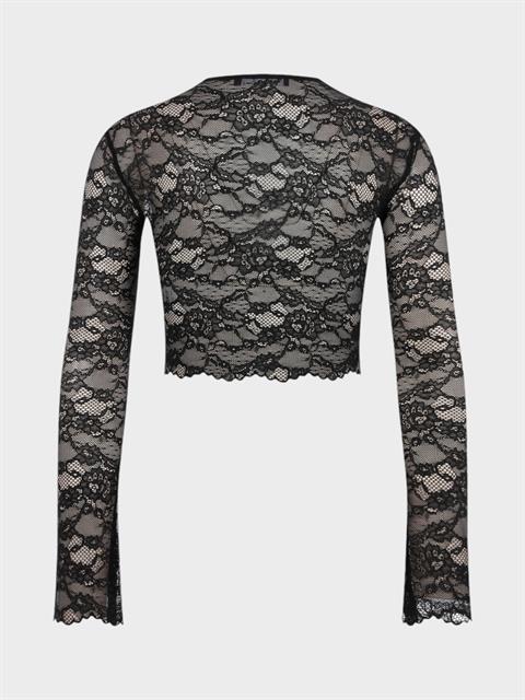 Bisiklet Yakalı Uzun Kollu Dantel Crop Bluz - Siyah