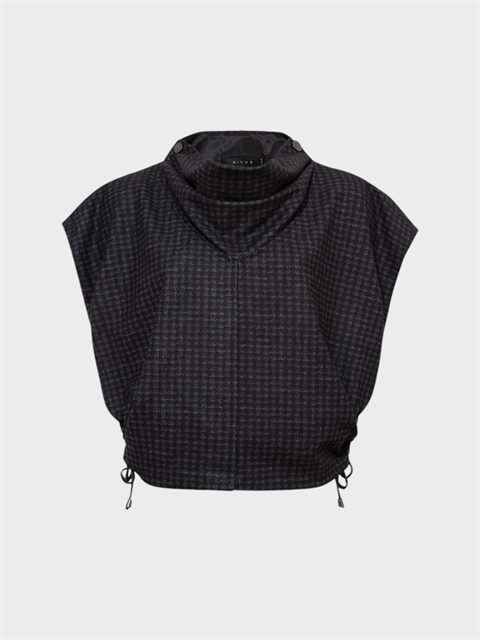 Boğazlı Kolsuz Bağcık Detaylı Dökümlü Yelek - Siyah Kareli 