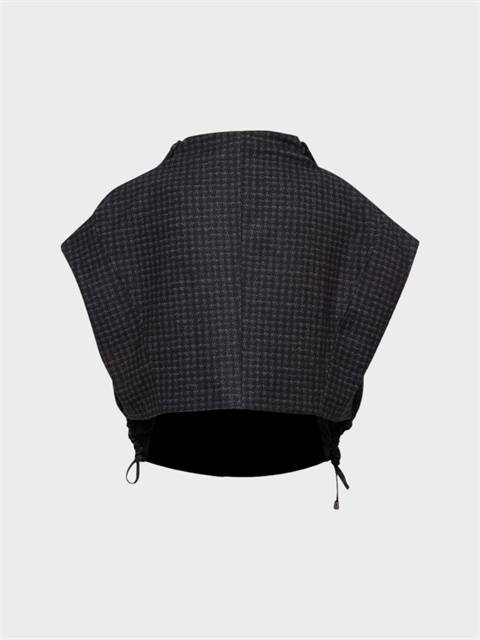 Boğazlı Kolsuz Bağcık Detaylı Dökümlü Yelek - Siyah Kareli 