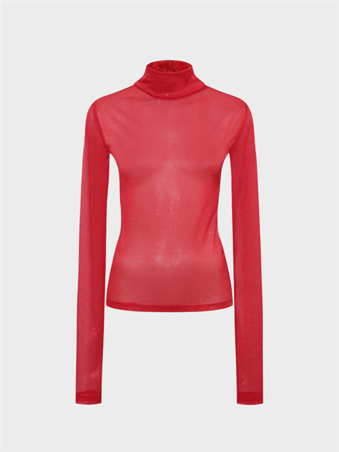 Boğazlı Uzun Kollu Simli Tül Bluz - Kırmızı