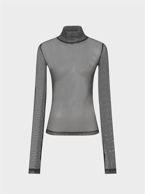 Boğazlı Uzun Kollu Simli Tül Bluz - Siyah