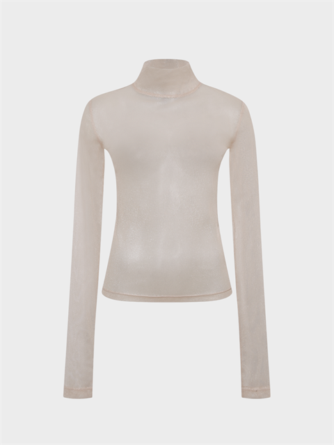 Boğazlı Uzun Kollu Simli Tül Bluz - Ekru