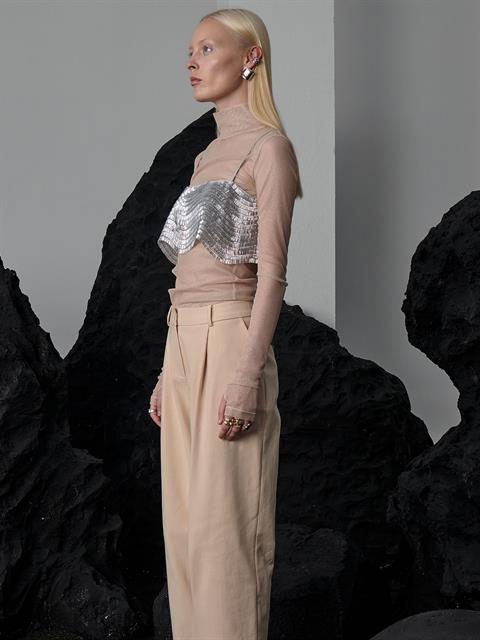 Boğazlı Uzun Kollu Simli Tül Bluz - Ekru