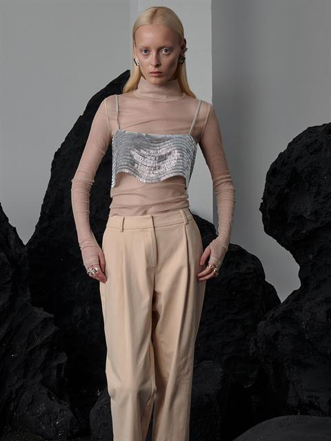 Boğazlı Uzun Kollu Simli Tül Bluz - Ekru