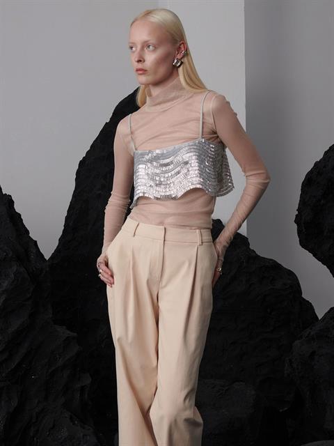 Boğazlı Uzun Kollu Simli Tül Bluz - Ekru