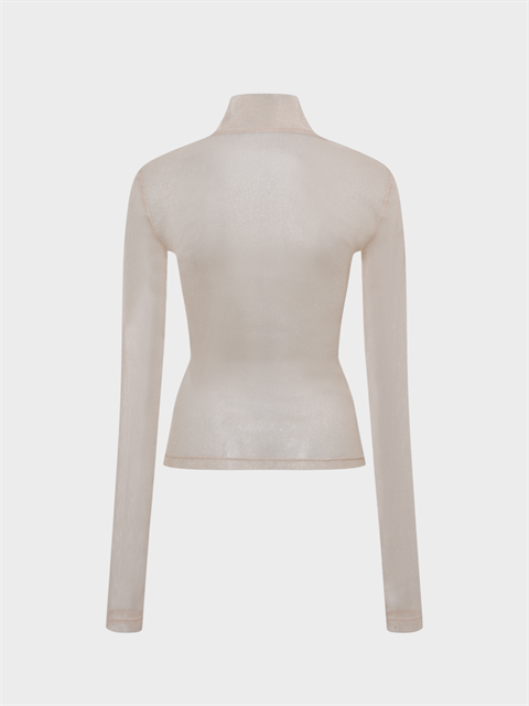 Boğazlı Uzun Kollu Simli Tül Bluz - Ekru