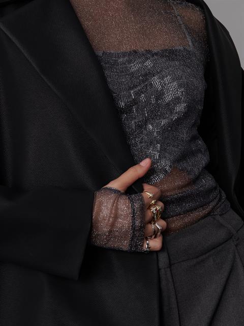 Boğazlı Uzun Kollu Simli Tül Bluz - Siyah