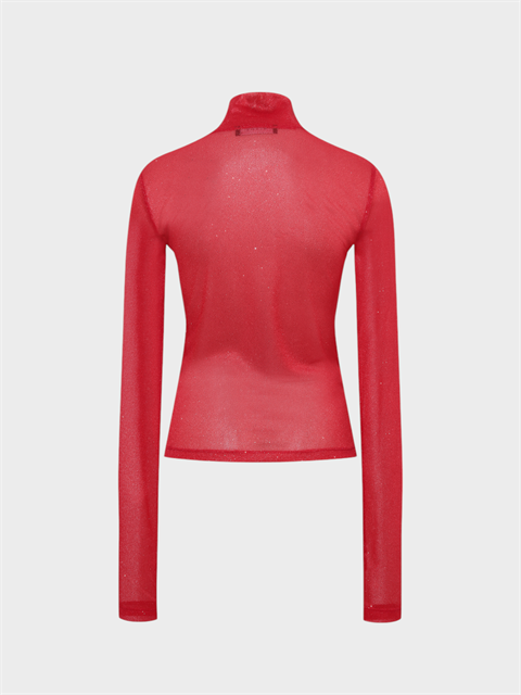 Boğazlı Uzun Kollu Simli Tül Bluz - Kırmızı