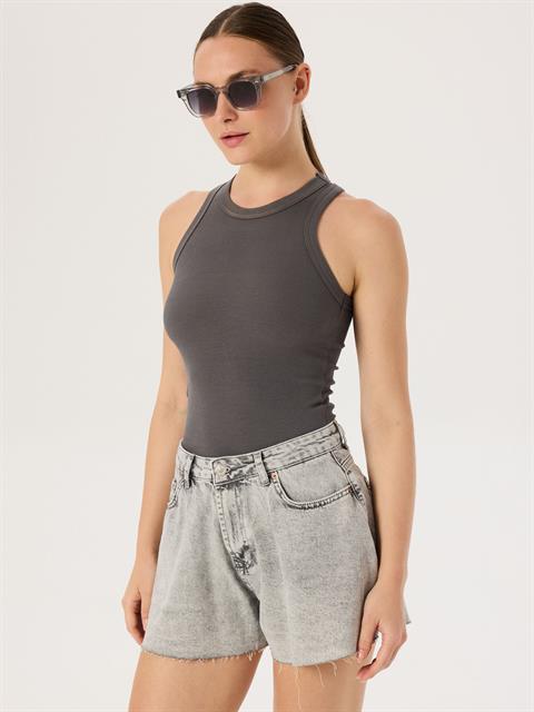 Bol Kesim Yüksek Bel Jean Şort - Gri