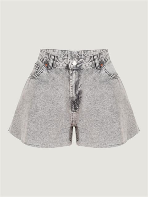 Bol Kesim Yüksek Bel Jean Şort - Gri