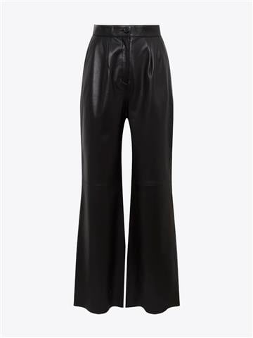 Bol Paça Pileli Deri Pantolon - Siyah