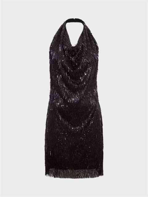 Boru Boncuklu Payetli Mini Elbise - Siyah