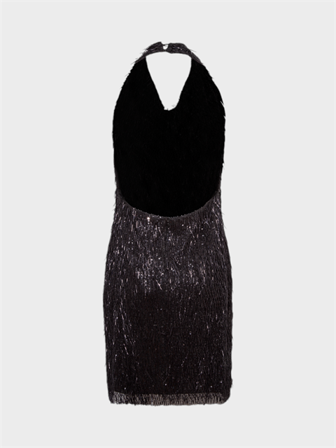 Boru Boncuklu Payetli Mini Elbise - Siyah
