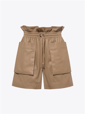 Büyük Cepli Beli Lastikli Deri Şort - Bal Köpüğü