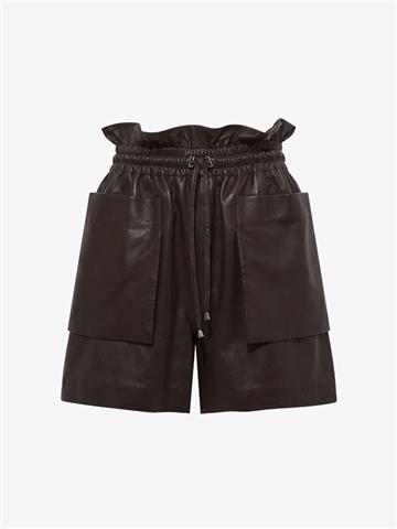 Büyük Cepli Beli Lastikli Deri Şort - Kahve