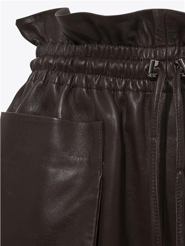 Büyük Cepli Beli Lastikli Deri Şort - Kahve