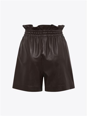 Büyük Cepli Beli Lastikli Deri Şort - Kahve