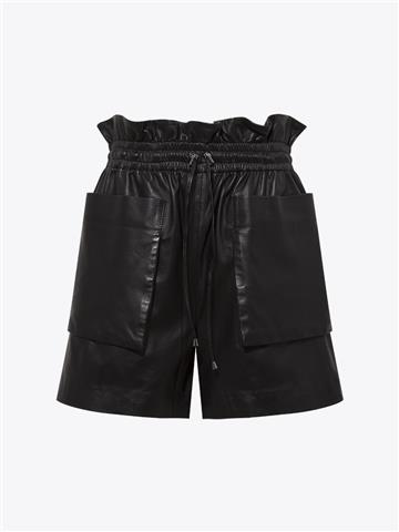 Büyük Cepli Beli Lastikli Deri Şort - Siyah