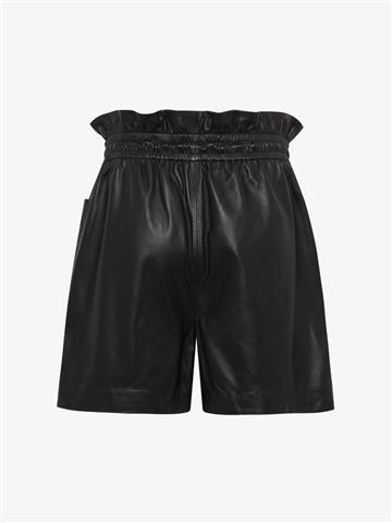 Büyük Cepli Beli Lastikli Deri Şort - Siyah