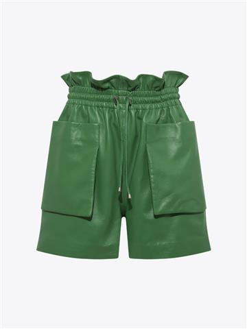 Büyük Cepli Beli Lastikli Deri Şort - Yeşil