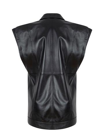 Büyük Düğmeli Deri Yelek - Siyah