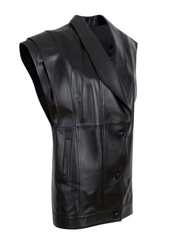 Büyük Düğmeli Deri Yelek - Siyah