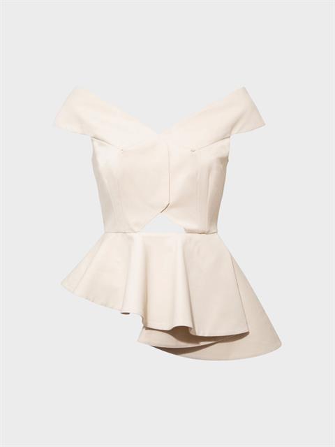 Asimetrik Volan Detaylı Omuzsuz Bustiyer Bluz - Ekru