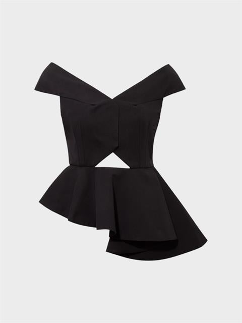 Asimetrik Volan Detaylı Omuzsuz Bustiyer Bluz - Siyah